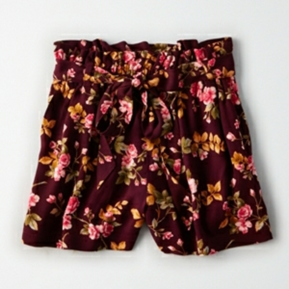American Eagle Outfitters High Waist Brown and Pink Paperbag Shorts